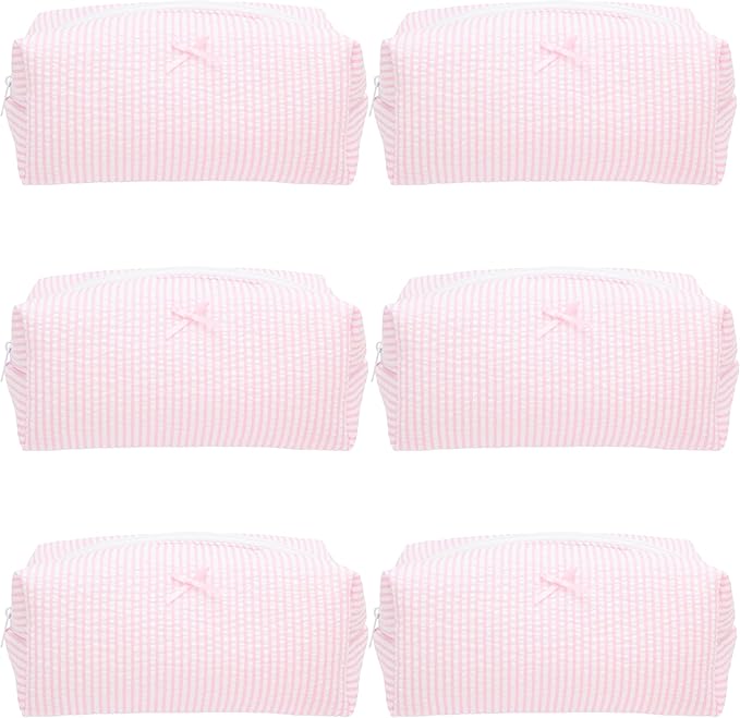 Cozy Makeup Bag for Women,Zipper Cosmetic Pouch,Stripe Ballet Pink,6 Pack