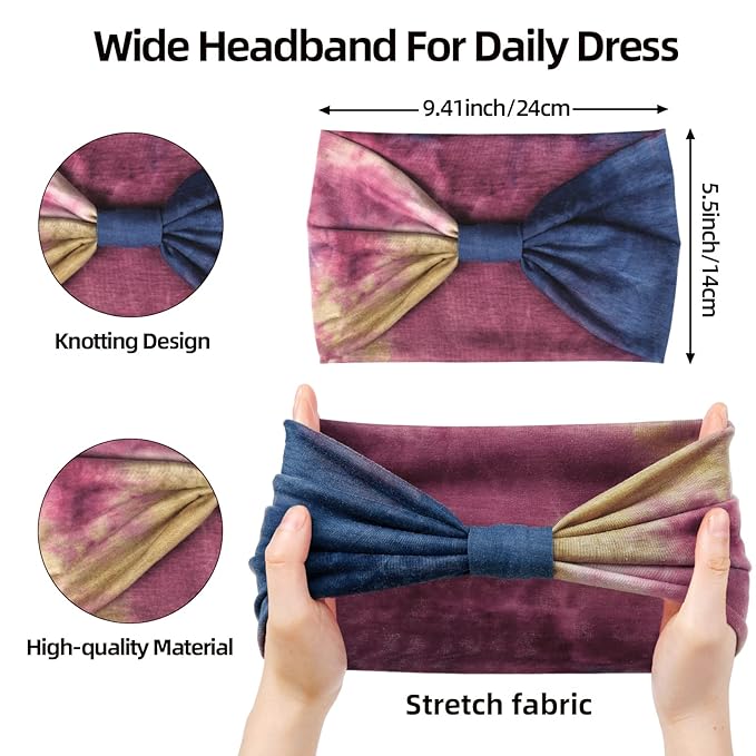 Huachi Wide Headbands for Women Tie Dye Head Wraps Boho Thick Hairbands Large African Sport Yoga Turban Headband Hair Accessories (Pack of 4)