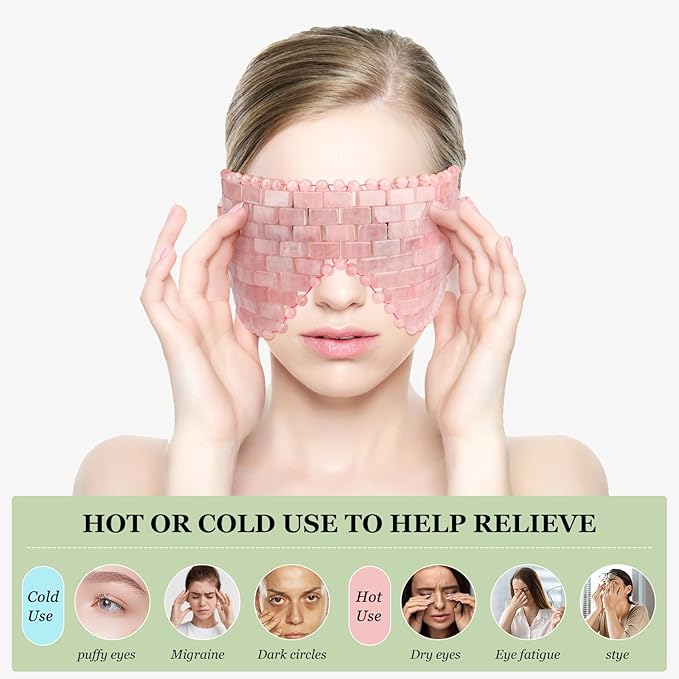 LazyGa Natural Jade Eye Mask and Rose Quartz Eye Mask Set - Soothing & Relaxing Alleviate Puffiness and Migraines with Cooling and Warming Therapy (2 Pcs)