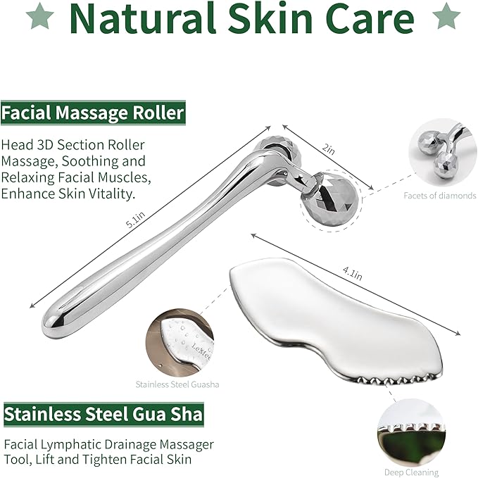 LeMeeOly Stainless Steel Gua Sha Facial Tools Metal GuaSha Tool for Face Neck, Detailer Gua Sha Lymphatic Drainage Reduce Wrinkles Face Massage Tool, Gift for Women (Guasha & Face Roller)