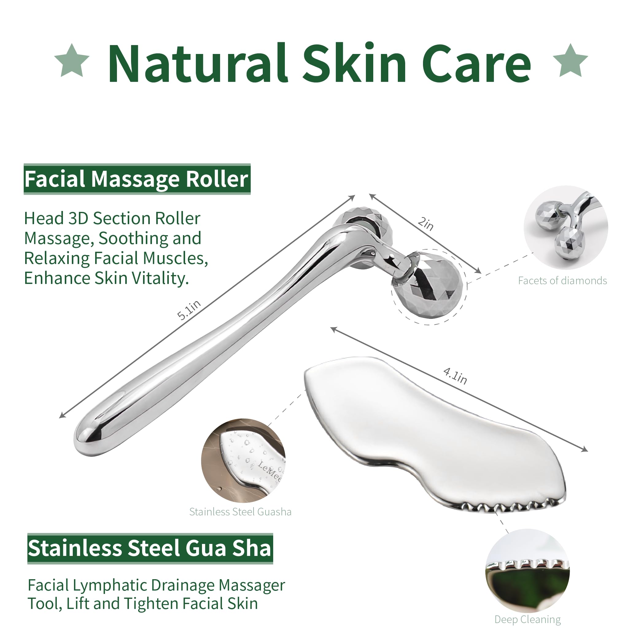 LeMeeOly Stainless Steel Gua Sha Facial Tools Metal GuaSha Tool for Face Neck, Detailer Gua Sha Lymphatic Drainage Reduce Wrinkles Face Massage Tool, Gift for Women (Guasha & Face Roller)