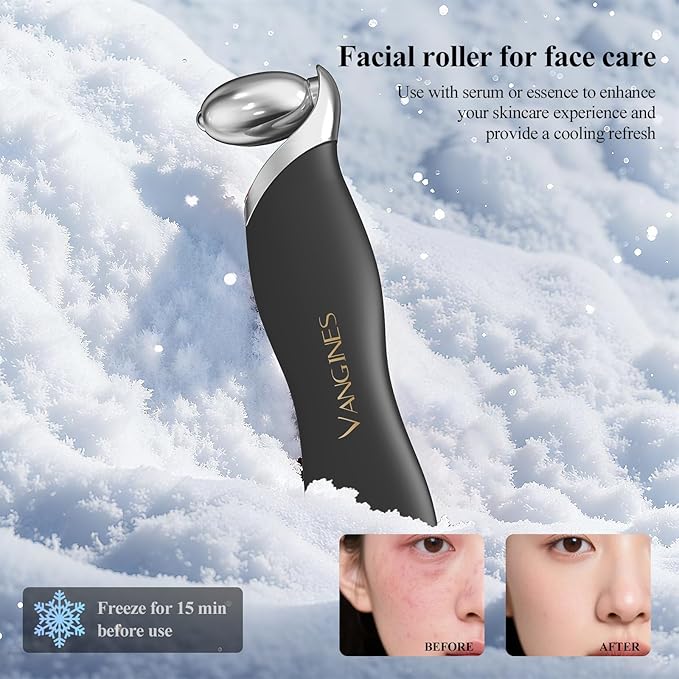Vangines Ice Roller for Face & Eyes, Cooling Facial Roller with Blackhead Remover & 2 Silicone Brushes, Stainless Steel Face Roller for Puffiness, Pores & Deep Cleansing(Black)