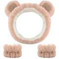 Bear Ears Headband, Cute Spa Headband and Wristband Set Washing Face Skincare Makeup Headbands for Women Girls Trendy Stuff Present Soft Coral Fleece Hair Accessories(Khaki)