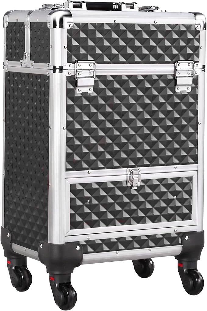 Yaheetech Rolling Makeup Train Case with a Drawer Nail Trolley Black/Silver