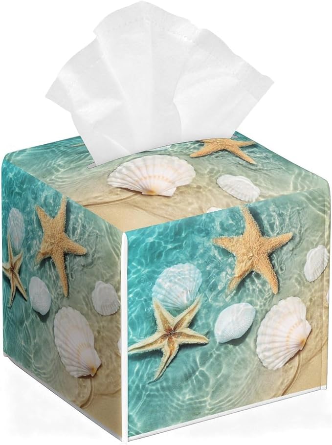 Sea Shell Tissue Box Cover Leather Tissue Box Holder Square Facial Paper Organizer Dispenser for Bathroom Kitchen Bedroom Vanity Countertop Night Stands