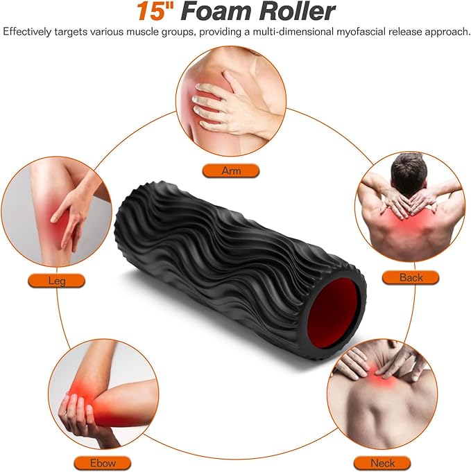 CINDALOG Foam Roller, 15" High Density Foam Back Roller, Wave Textured Massage Roller for Deep Muscle Massage Pilates Yoga,Fitness Exercise Roller for Whole Body Release(Black)