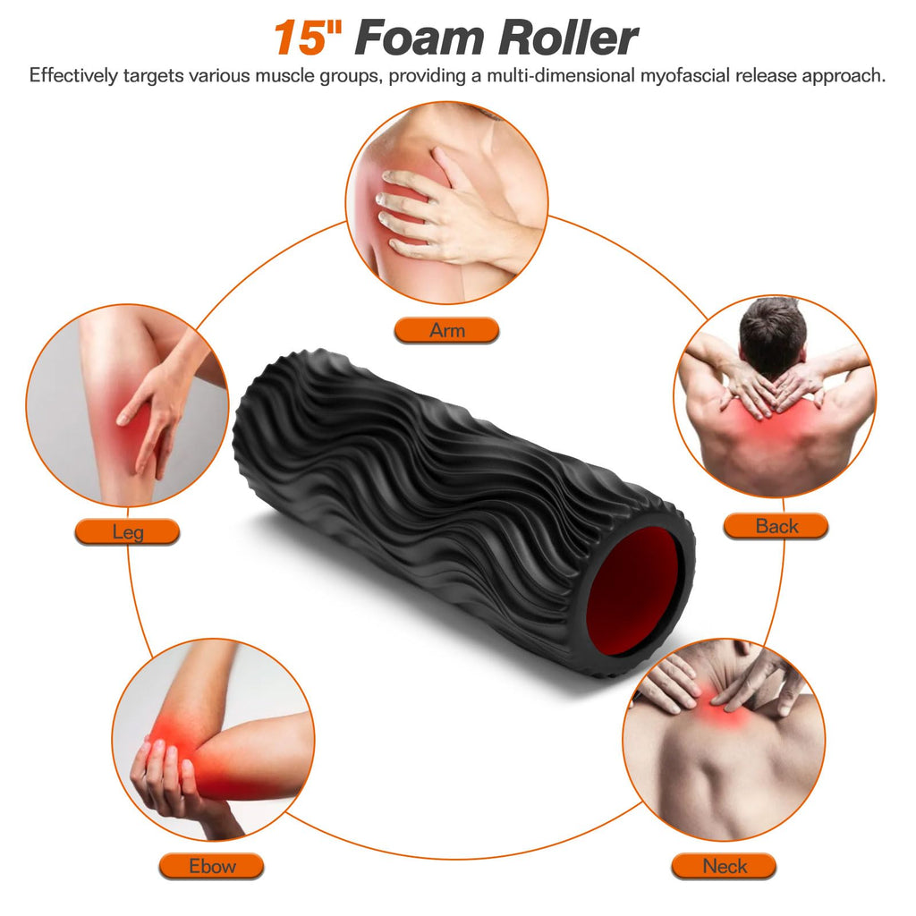CINDALOG Foam Roller, 15" High Density Foam Back Roller, Wave Textured Massage Roller for Deep Muscle Massage Pilates Yoga,Fitness Exercise Roller for Whole Body Release(Black)