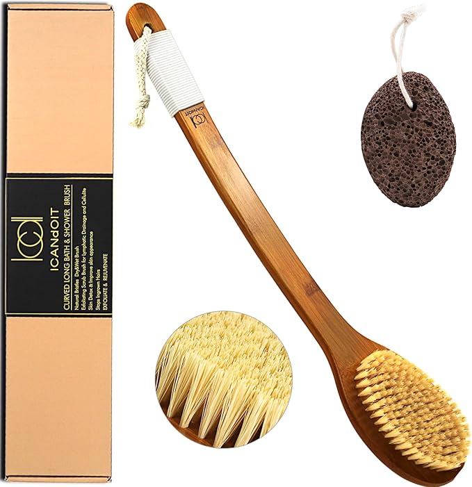 ICANdOIT-17.71Inch Natural Stiff Sisal Bristles Anti-Slip Long Handle Bath Brush,Bent Handle Shower Scrubber for Exfoliating,Shower Back Brush,Exfoliation Set with Pumice Stone(2 Pack)