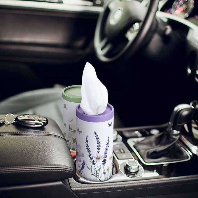 Fourluoo 12 Pack Car Tissue Cylinder Holder Bulk with 3 Ply Facial Tissues, Round Napkin Holders for Car Cup Holder Cylinder Travel Paper Tubes Bulk Round Napkin Boxes Packs(Classic Flower)