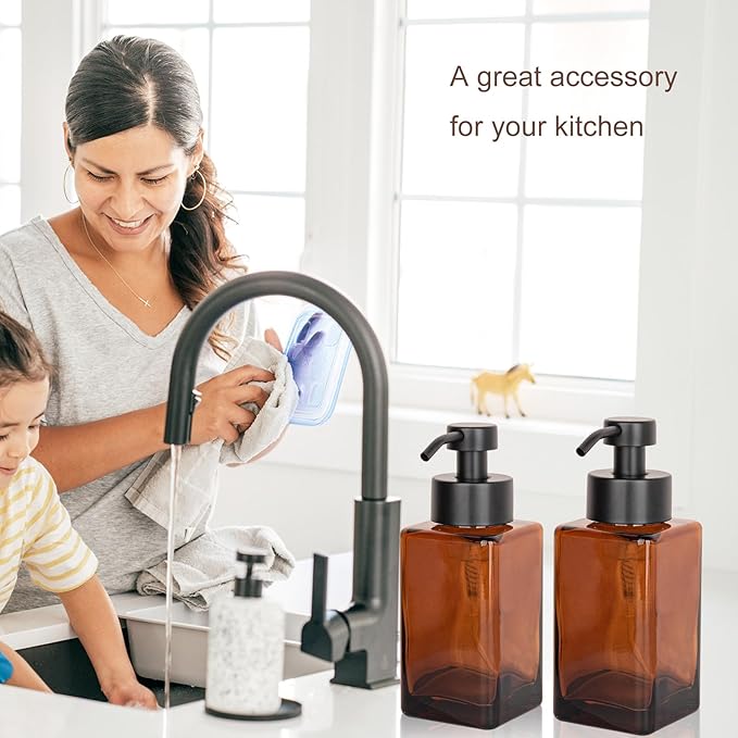 Foaming Soap Dispenser with Stainless Steel Pump, 12oz Refillable Glass Liquid Dish Soap Bottles for Bathroom, Kitchen Sink, Home Decor, 2 Pack