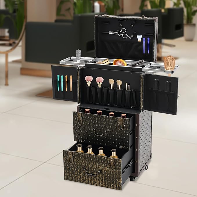 Beauty Salon Luggage,Rolling Lockable Makeup Train Case Hairdressing Trolley Stylist Beauty Salon Cosmetic Luggage Travel Organizer Tool Box with Hair Dryer Holder (Bronze)