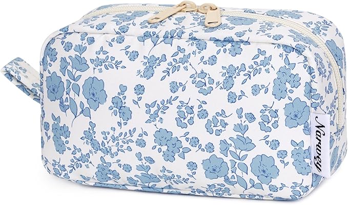 Narwey Small Makeup Bag for Purse Travel Makeup Pouch Mini Cosmetic Bag Zipper Pouch for Women (Blue Flower, Small)