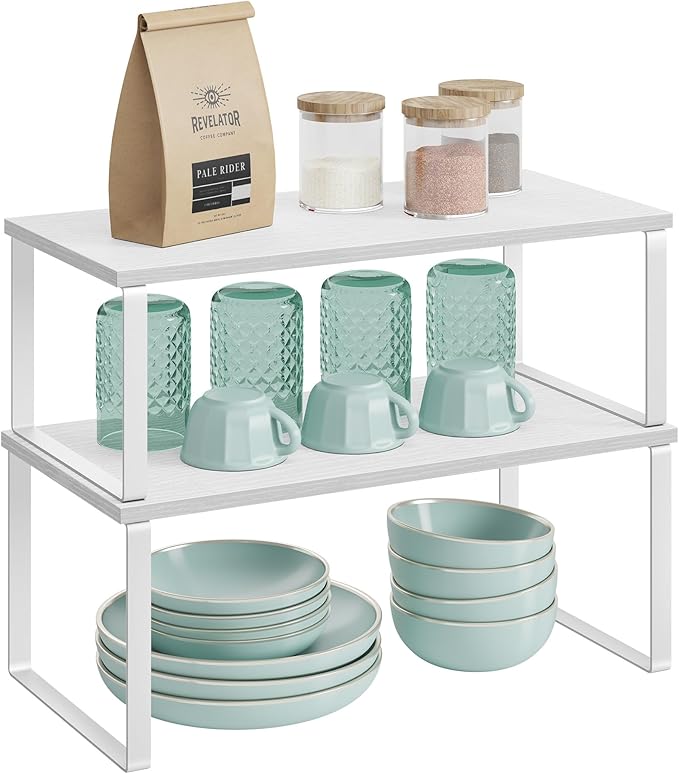 SONGMICS Cabinet Organizer Shelf, Set of 2 Kitchen Counter Shelves, Kitchen Storage, Spice Rack, Stackable, Expandable, Metal and Engineered Wood, 15.6 Inches, Cloud White and Snow White UKCS025W01