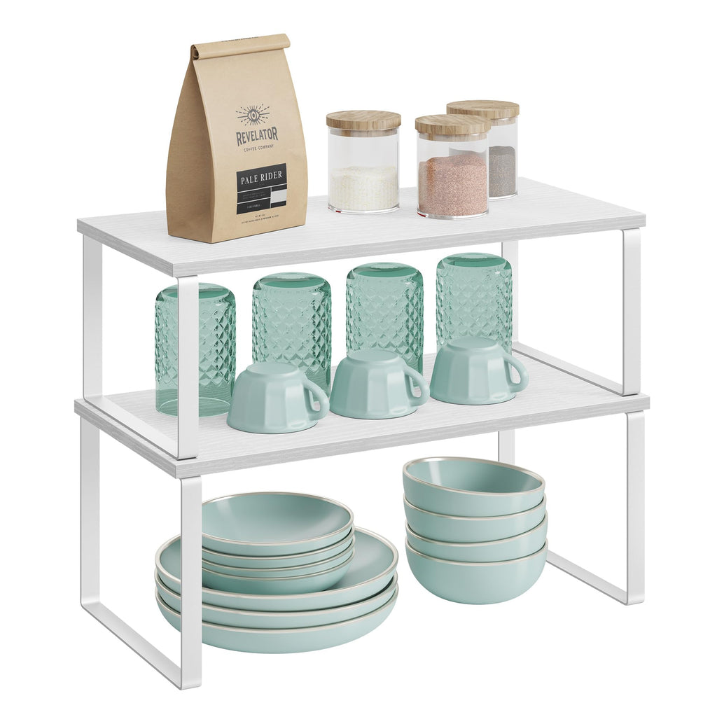 SONGMICS Cabinet Organizer Shelf, Set of 2 Kitchen Counter Shelves, Kitchen Storage, Spice Rack, Stackable, Expandable, Metal and Engineered Wood, 15.6 Inches, Cloud White and Snow White UKCS025W01