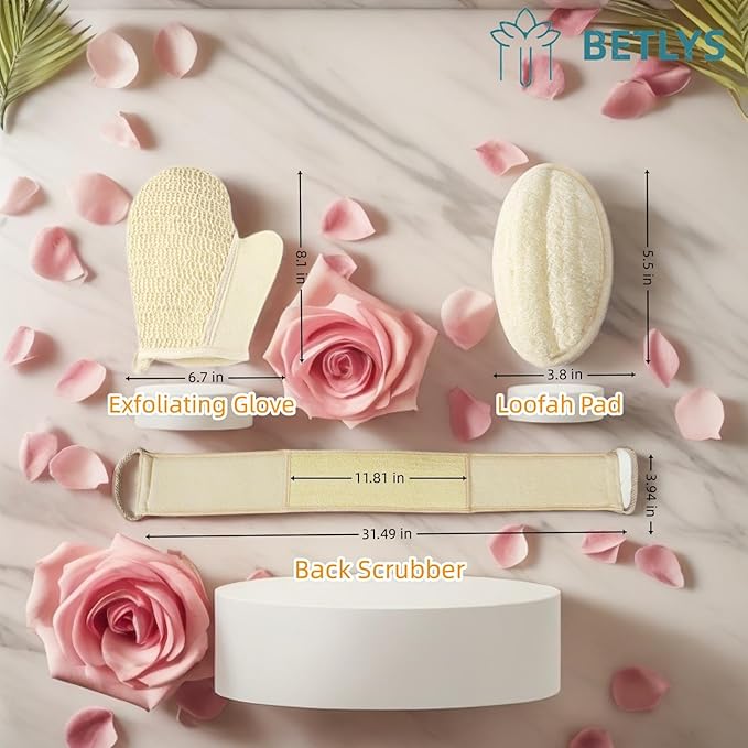 BETLYS Natural Loofah Sponge Exfoliating Body Scrubber, Loofa Back Scrubber for Shower Set for Men and Women (3 Pack), Luffa Sponge Pads & Exfoliating Glove Deep Clean & Invigorate Your Skin, Yellow
