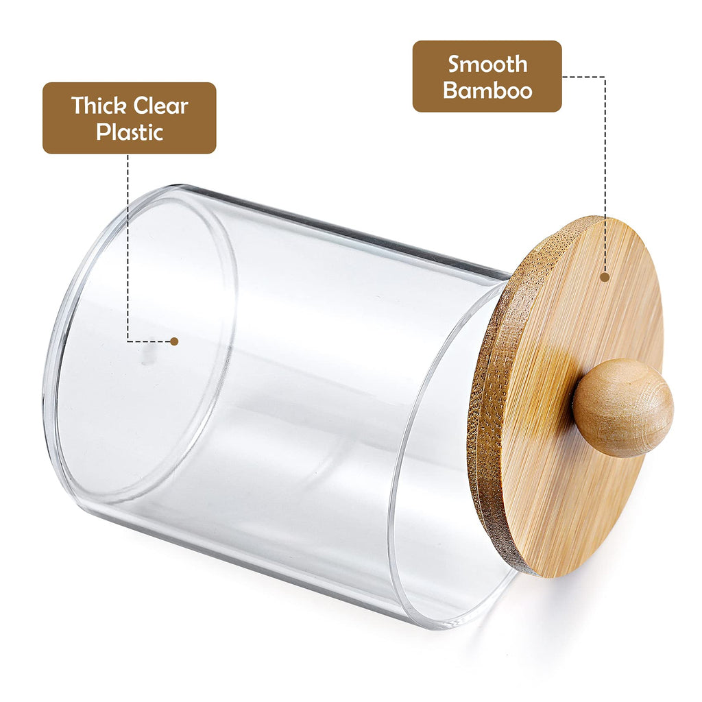 VITEVER 3 Pack Qtip Holder Dispenser with Bamboo Lids - 10 oz Clear Plastic Apothecary Jar Containers for Vanity Makeup Organizer Storage - Bathroom Accessories Set for Cotton Swab, Ball, Pads, Floss