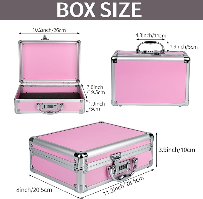HUONIC Large Portable Cosmetic Box with 6 Accessories, Aluminum Makeup Storage Lock Case. 11.2 X 8 X 3.9 Inches, Great Gift for Women. (Pink)