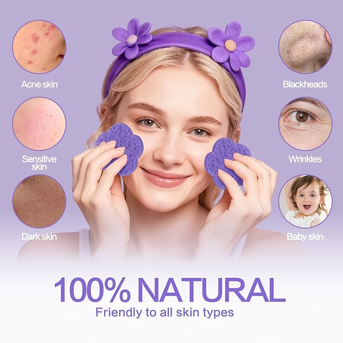 Spunspon 50-Count Facial Sponges, Natural, Modern Flower Shape, Purple, Reusable, Exfoliating, Cleansing, Makeup Gift