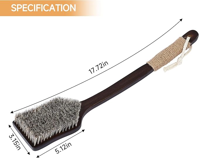 ENAMELEVO Back Scrubber Shower Brush,Dry Brushing Body Brush with 17.7 Inch Curved Long Handle, Natural Bristles for Lymphatic Drainage, Soft & Stiff Bristles Available (Soft-Fine Boar Bristles)