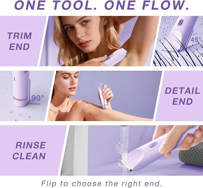 Bikini Trimmer for Women, Dual-Ended Electric Razor Personal Shaver for Bikini Line & Pubic Hair, Waterproof USB-C Rechargeable Body & Face Trimmer for Underarms & Legs (Lavender)