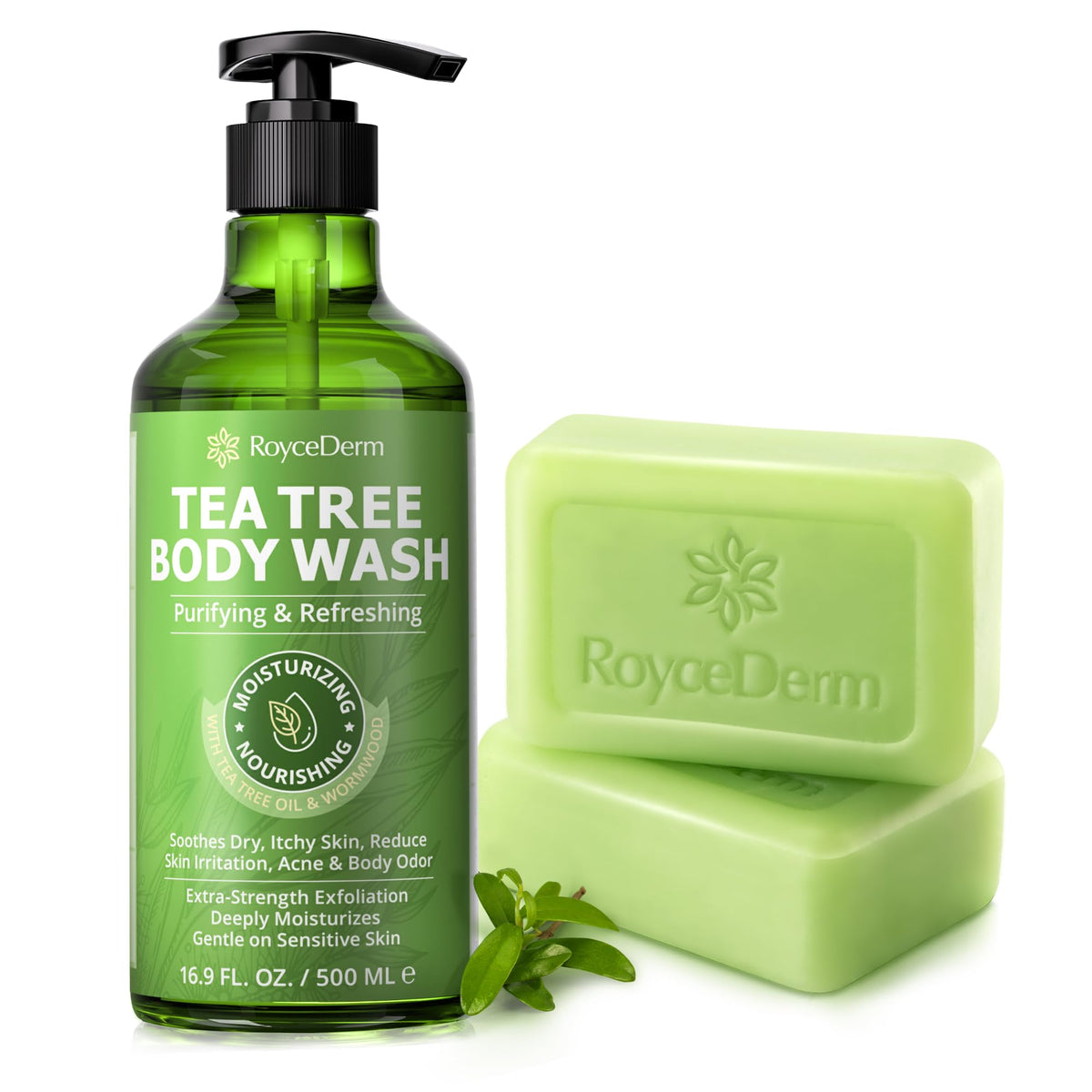 Roycederm Tea Tree Therapeutic Body Wash & Soap – Antibacterial Body Wash Odor Control Cleanser for Oily, Dry & Itchy Skin – Made in USA, 11.8 fl oz