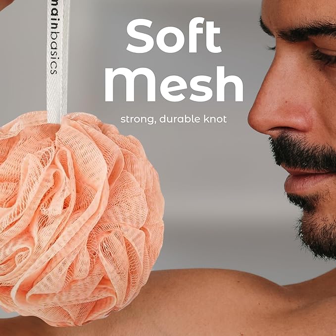 MainBasics Shower Loofah Sponge Pouf, Set of 3, Coral Reef