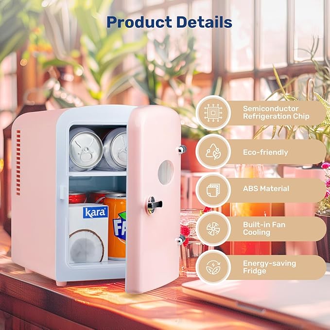 HealSmart Mini Fridge Portable 4 Liter/6 Can with Observation Window, Cooler&Warmer Small Desk Compact Refrigerator for Skin Care, Cosmetics, Beverage, Food in Bedroom, Car, Office, Dorm, Pink