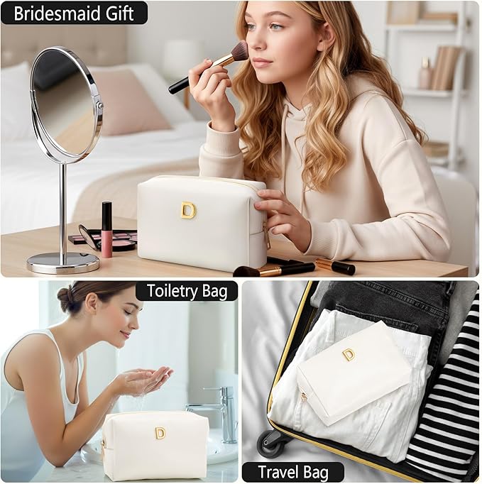 Kigeli Gifts for Women Teen Girls Gifts for Bridesmaid Mom Teachers Graduation Birthday Wedding Personalized Initial Makeup Bag Beige PU Leather Monogram Cosmetic Waterproof Travel Toiletry Bag
