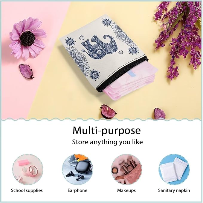 Boho Print Women Period Bag Storage Pouch Artsy Graphic Sanitary Napkin Bags with Zipper Portable Menstrual Bag for Sleepovers Travel