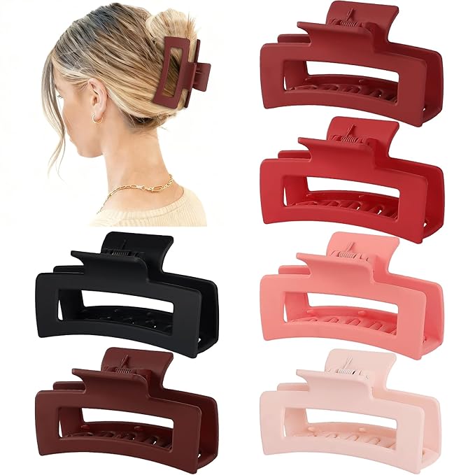 Sisiaipu 3.5 Inch Medium Hair Claw Clips 6 Pack Hair Clips for Women Square Rectangle Claw for Hair Banana Jaw Clips Hair Accessories for Girls -Red