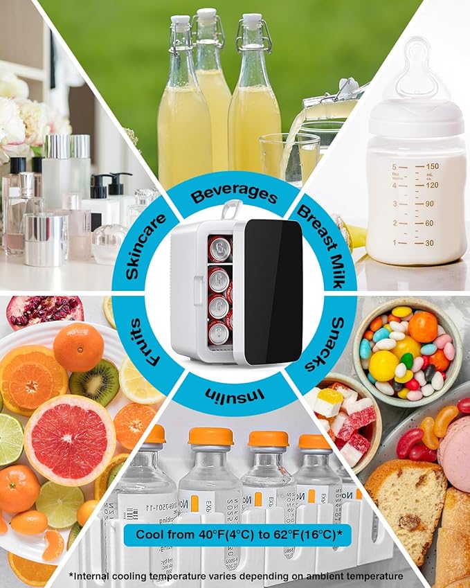 Electactic 10L Compact Mini Fridge, Portable Small Refrigerator, Small Cosmetics Cooler, 2.6 Gal Mini Fridge with AC/DC Adapters for Beverage, Food, Makeup, Bedroom, Office, Dorm, White