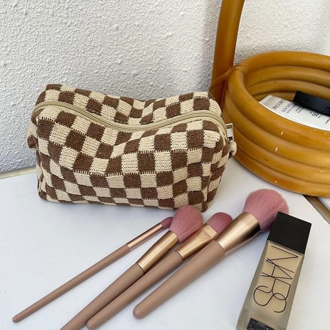 SxoSyo 2 Pcs Cosmetic Bags, Checkered Brown
