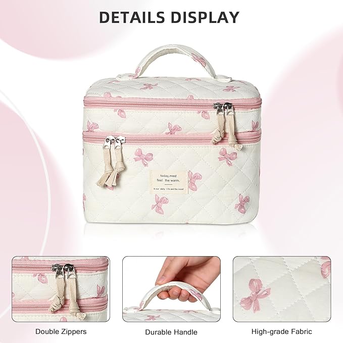 Gosect Makeup Bag, Portable Travel Make up Bag, Large Capacity Quilted Cosmetic Organizer Bag, Cute Floral Toiletry Bag for Women Girls (Pink Bow)