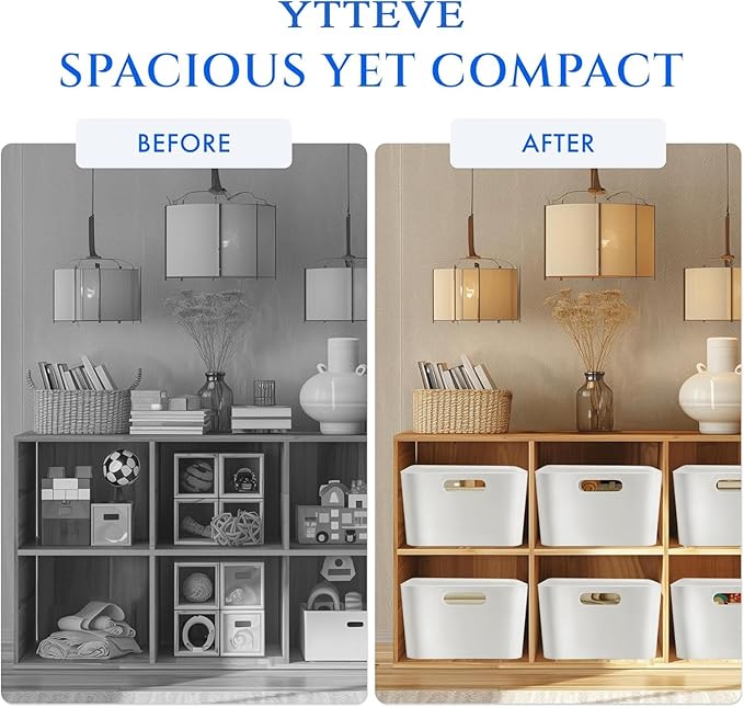 Ytteve 6-Pack Mixed Size White Plastic Storage Bins – Includes 2 Large (13"x9.5"x5.7") & 4 Medium (9.5"x6.7"x4.1") – Stackable Shelf Organizers for Kitchen Pantry, Closet, Bathroom, Office & Cabinet
