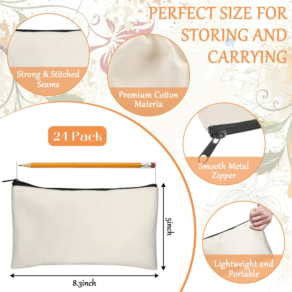 Legigo 24 Pack Beige Canvas Makeup Bags DIY Craft Bag- Blank DIY Craft Bag Canvas Pencil Case Canvas Zipper Pouch Bags Cosmetic Bag Multipurpose Canvas Pouch with Zipper for vinyl (8.3 x 5 inches)