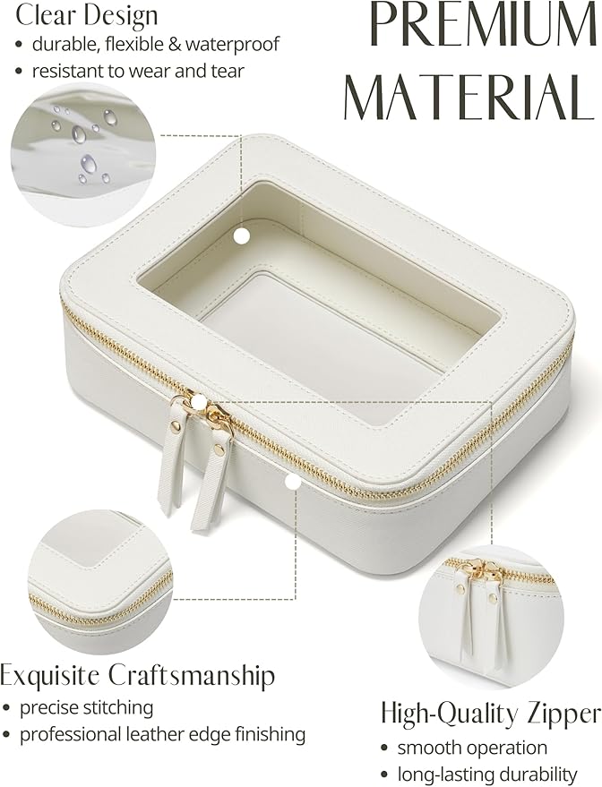 Popvibe Clear Makeup Case White Toiletry Bag Travel Medium Clear Cosmetic Bag with Zipper, Small Make Up Bag Organizer Traveling TSA Approved Transparent Bag Car for Essentials