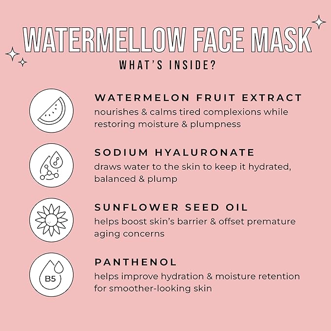 Avatara Juicy Watermellow Facial Mask 5 Sheets, Hydrating Mask, Sheet Masks, Watermelon Extract & Hyaluronic Acid, Face Mask Skincare Beauty Essential, Moisturize & Nourish Dry, Tired Skin, 5 Pack