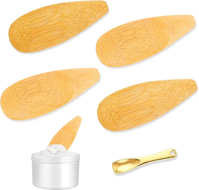 Multi-functional Applicators Set of 4 Pcs Natural Wooden Deodorant Cream Applicators and 1 Mini Cosmetic Spoon, Cream Spatulas Kit for Natural Deodorant, Cream, Facial Mud, Cosmetic Mask, Facial Clay