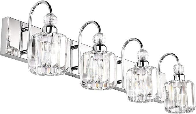 Ralbay Modern LED Crystal Bathroom Vanity Lights 4-Lights Stainless Steel Crystal Vanity Lights Over Mirror Modern Crystal Bathroom Vanity Lighting Fixtures