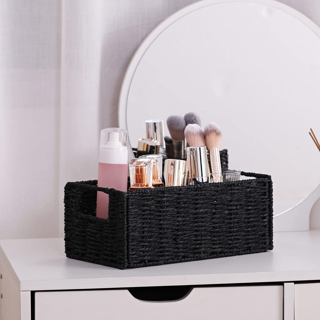 Vagusicc Wicker Storage Basket, Set of 2 Hand-Woven Paper Rope Wicker Basket, Small Storage Baskets for Organizing Toilet Paper Basket, Foldable Large Cube Storage Organizer Bins for Shelves (Black)