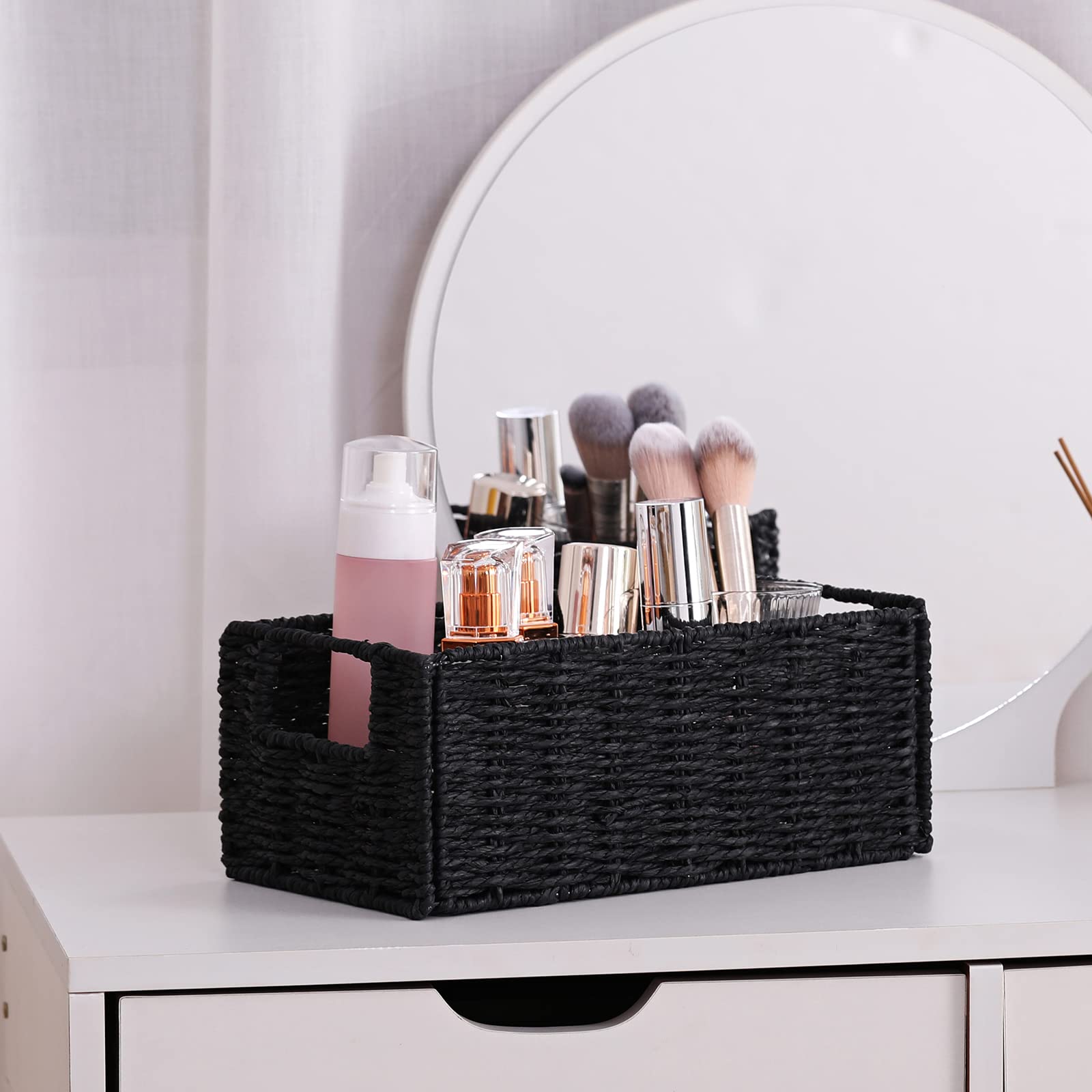 Vagusicc Wicker Storage Basket, Set of 2 Hand-Woven Paper Rope Wicker Basket, Small Storage Baskets for Organizing Toilet Paper Basket, Foldable Large Cube Storage Organizer Bins for Shelves (Black)