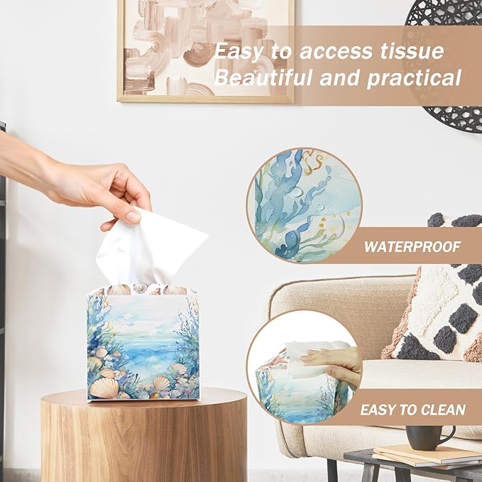 Coastal Starfish Seashell Tissue Box Cover Square with Bottom Belt, Leather Waterproof Tissue Holder Facial Paper Case for Tabletop Home Office Bathroom Car Decor -10