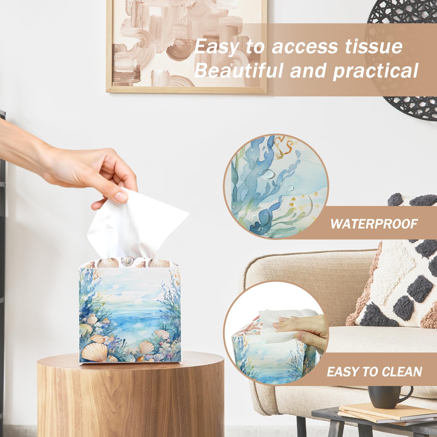 Coastal Starfish Seashell Tissue Box Cover Square with Bottom Belt, Leather Waterproof Tissue Holder Facial Paper Case for Tabletop Home Office Bathroom Car Decor -10