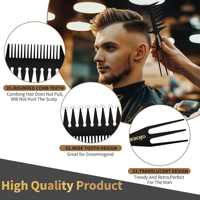 joaoxoko Wide Tooth Comb Set for Men - 4 Pcs Professional Barber Combs with Anti-Static Design, Reduce Hair Pulling for Curly Thick Hair, Textured ABS Black Combs for Travel Salon Home Grooming