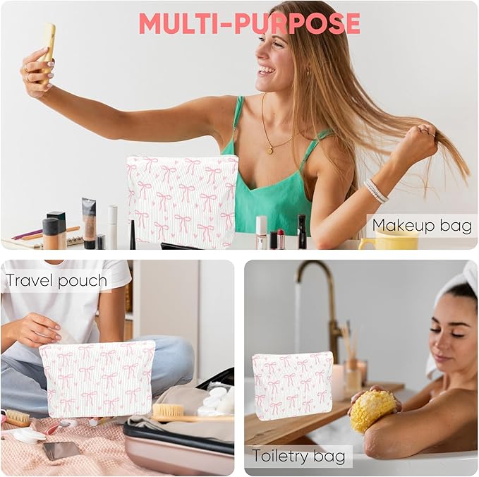 Ksriylm Cute Makeup Pouch for Women Bows Hearts Small Make Up Bag for Purse Zipper Initial Cosmetic Bags Pouches for Purse Aesthetic Travel Toiletrybags,Pink Bow Heart