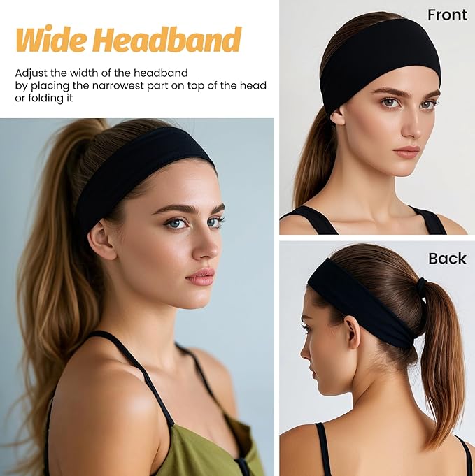 HSEM Headbands for Women - 6 Pack Wide Elastic Hairbands | Ultra-Soft Moisture Wicking Sports Headband | Non-Slip Accessories Bands for Fashion (Orange Blue Grey White RoseRed Black)