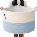 65L Large Blanket Basket,19.7" L x 19.7" W x 13" H Rope Woven Baskets with Handles, Toys Storage Bins,Laundry Basket Perfect for Living Room, Nursery,Bedroom,Home Organization,White&Blue