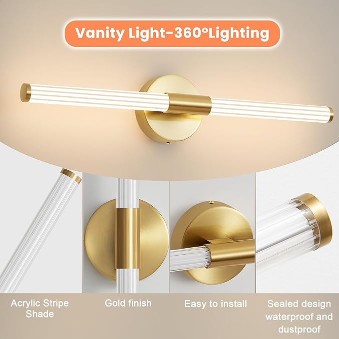 Gold Wall Sconces Set of Two Hardwired, Dimmable 5CCT LED Bathroom Light Fixtures Over Mirror, 360° Full Lighting 23 inch Vanity Light Bar Modern Wall Sconce for Bathroom Bedroom Living Room