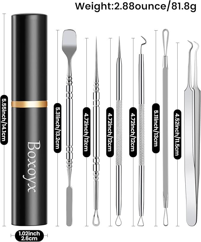 Pimple Popper Tool Kit - Boxoyx 6 Pcs Pore Prep Blackhead Remover Comedone Extractor Kit with Box for Quick and Easy Removal of Pimples, Blackheads, Zit Removing, for ehead,Facial and Nose (Silver)