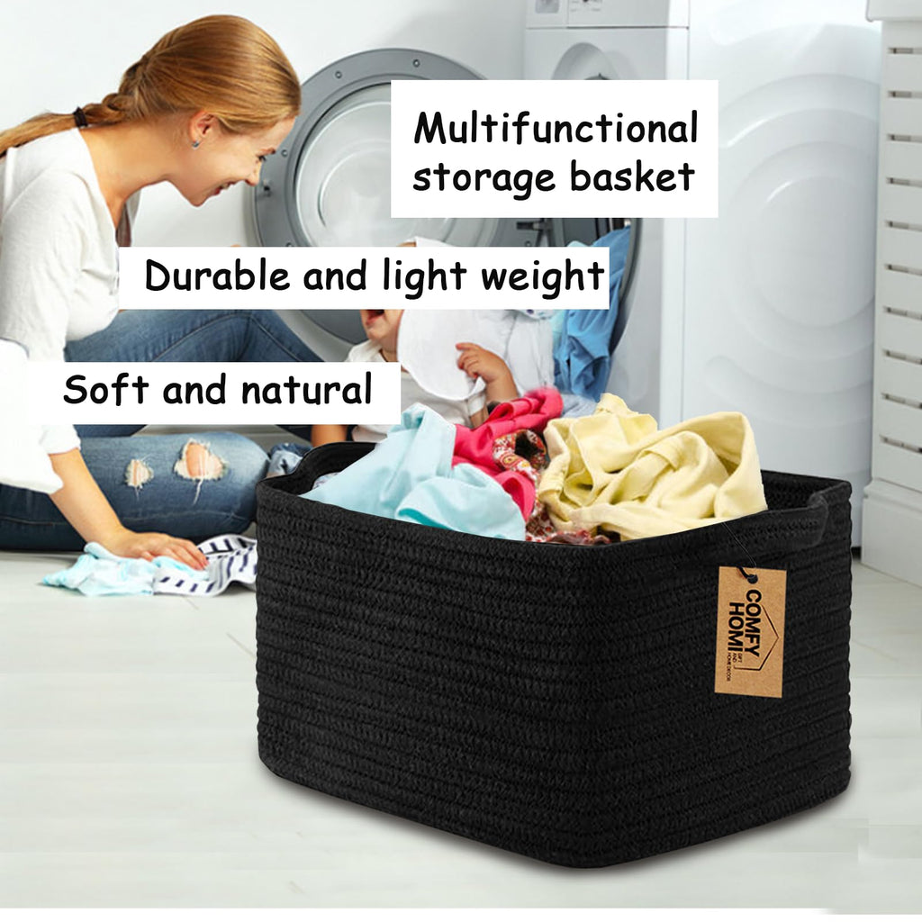 COMFY-HOMI Cotton Rope Woven Basket with Handles for Shelves,Toys,Book, Cloth Storage Baskets Bin for Organizing- 1 PCSToy Decorative Organizer for Living Room, Bathroom